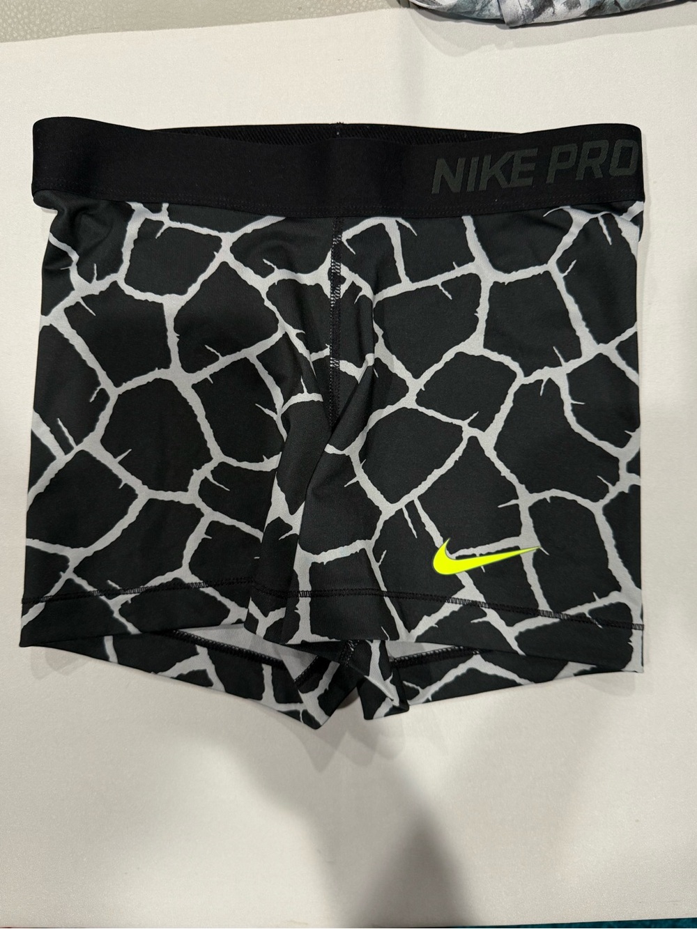 Nike Black & White Patterned Pro Biker Shorts with Neon Yellow Swoosh